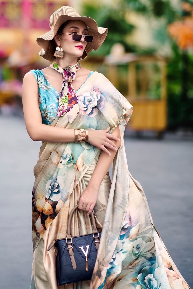 Next Ganeration Stone Beige Pure Satin Silk Digital Printed Saree