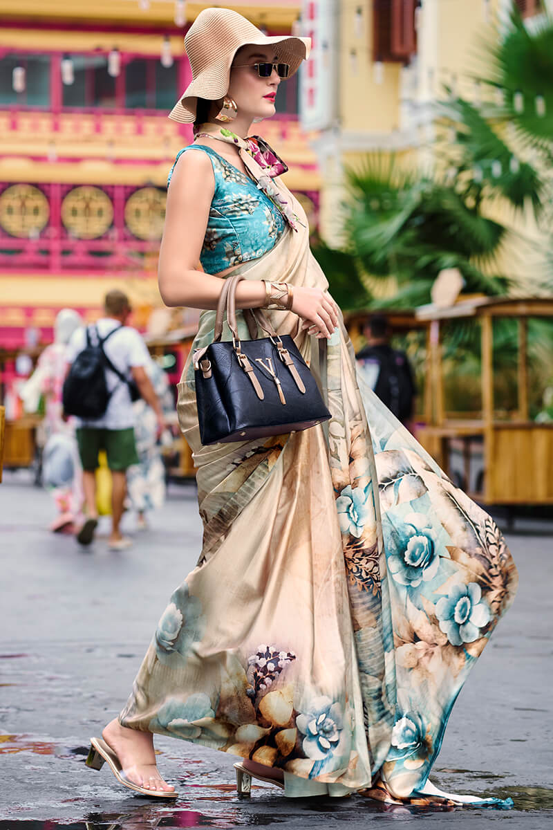 Next Ganeration Stone Beige Pure Satin Silk Digital Printed Saree