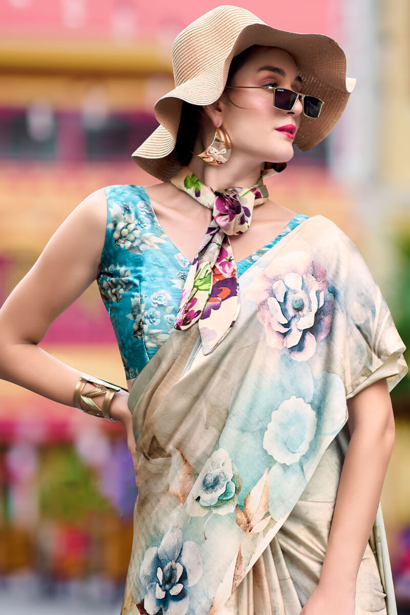Next Ganeration Stone Beige Pure Satin Silk Digital Printed Saree