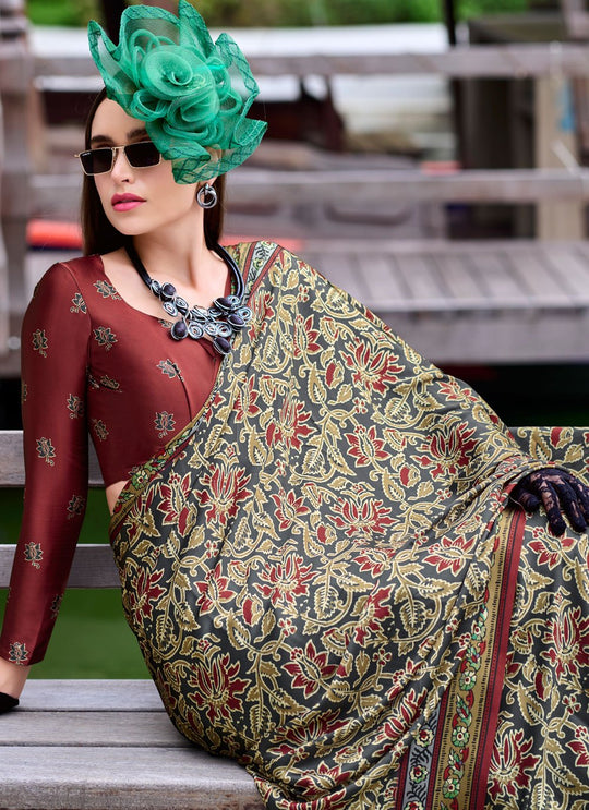 Next Generation Cream Ajrakh Satin Crepe Silk Printed Saree