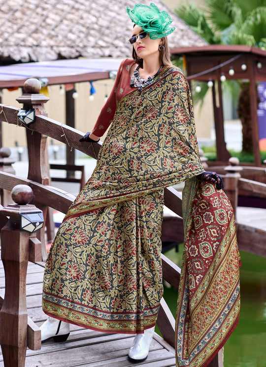 Next Generation Cream Ajrakh Satin Crepe Silk Printed Saree