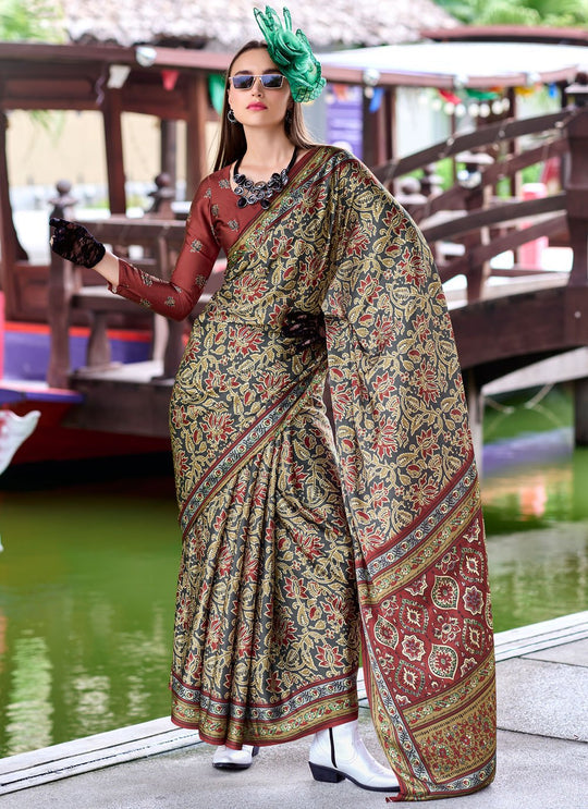 Next Generation Cream Ajrakh Satin Crepe Silk Printed Saree