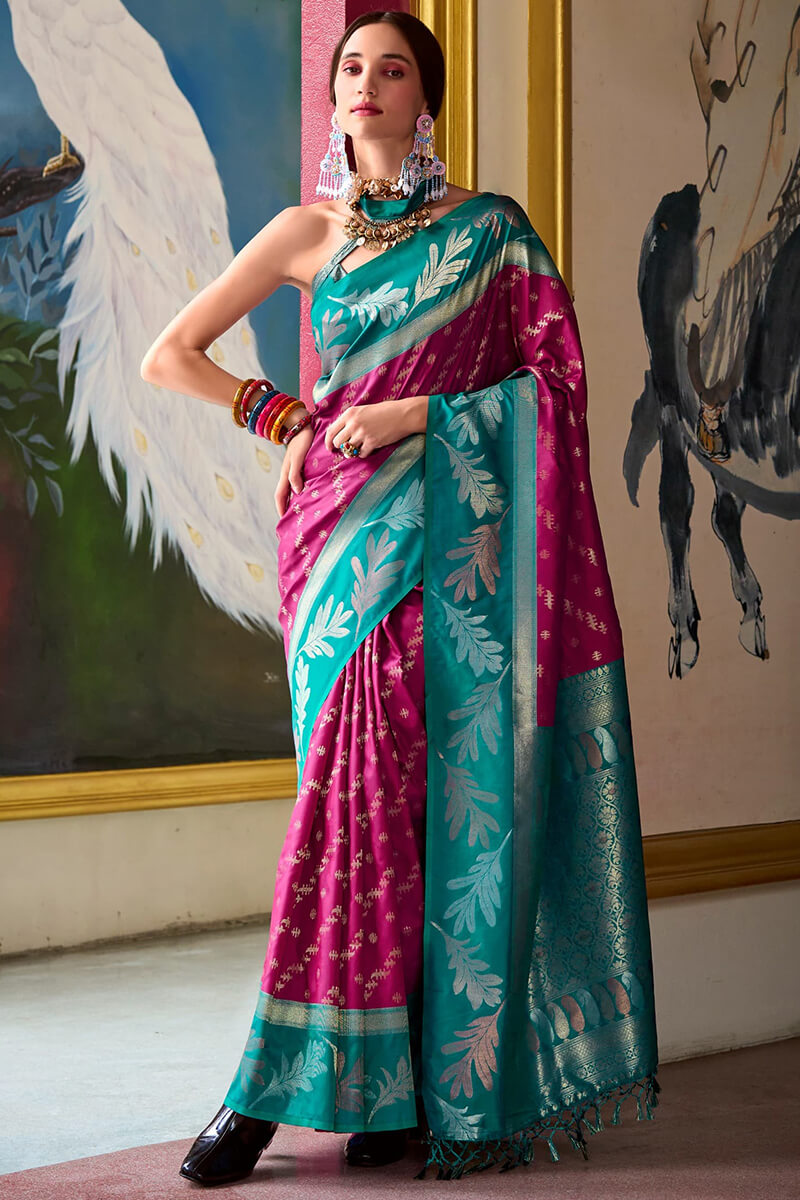 Leaf Raspberry Pure Banarasi Soft Silk Woven Saree
