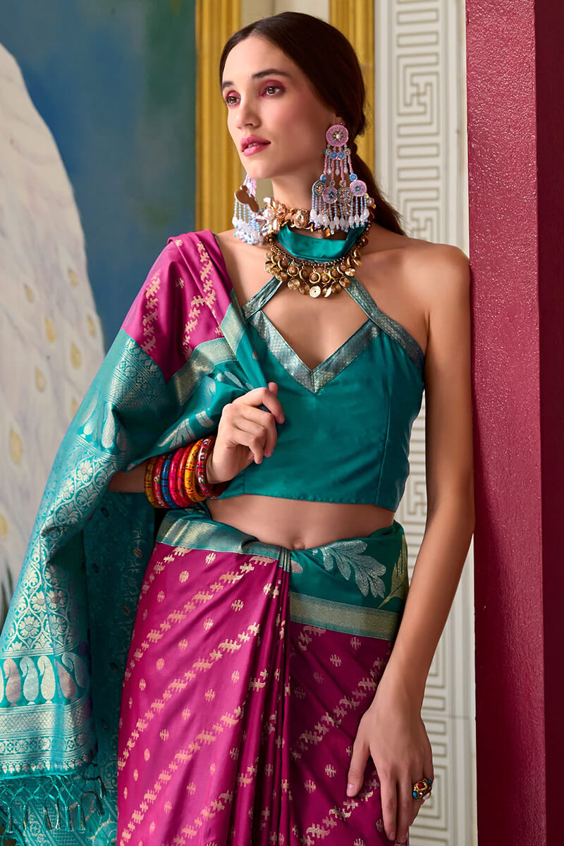 Leaf Raspberry Pure Banarasi Soft Silk Woven Saree