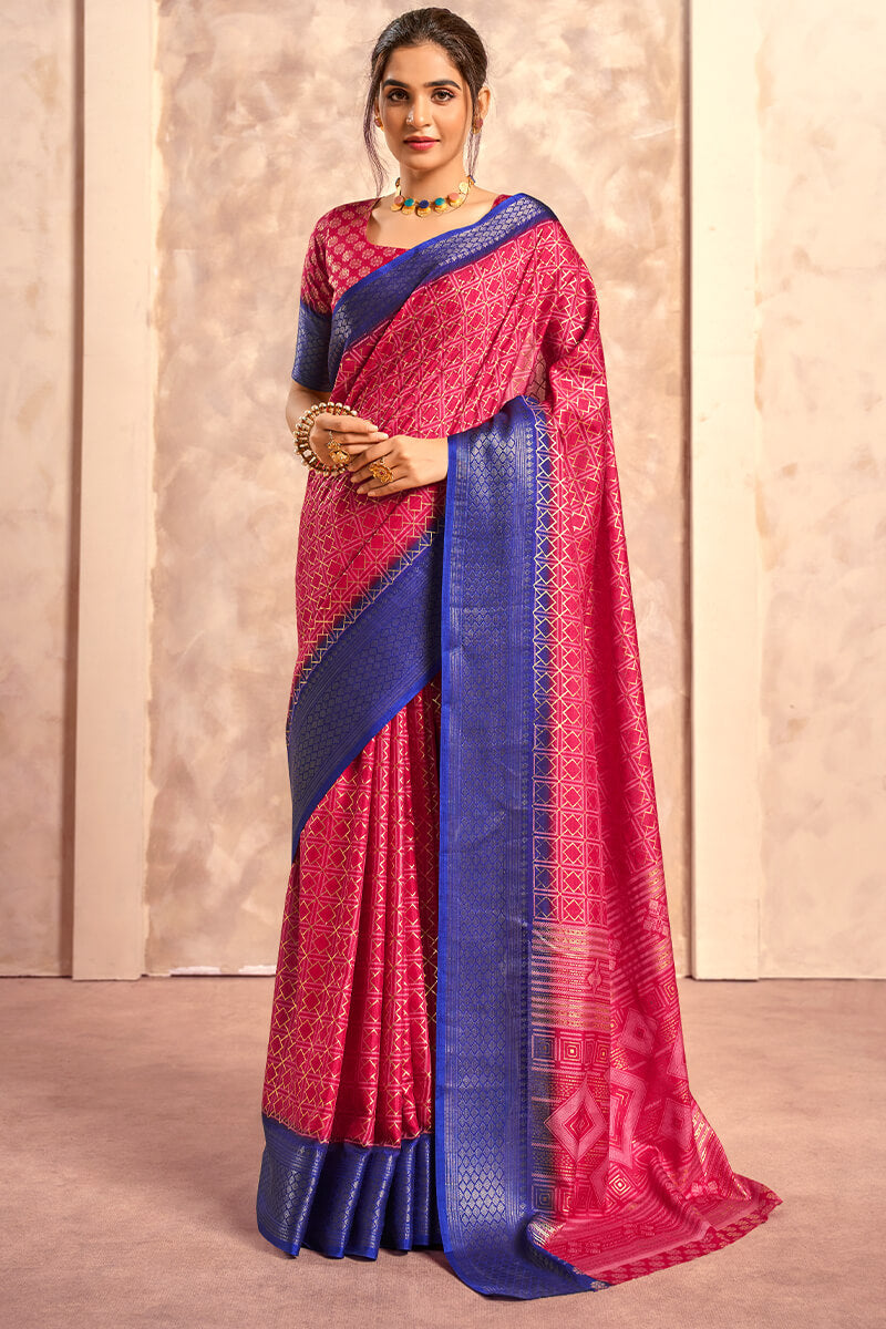 Celo Hot Pink Soft Dola Silk Foil Print With Jacquard Border Saree