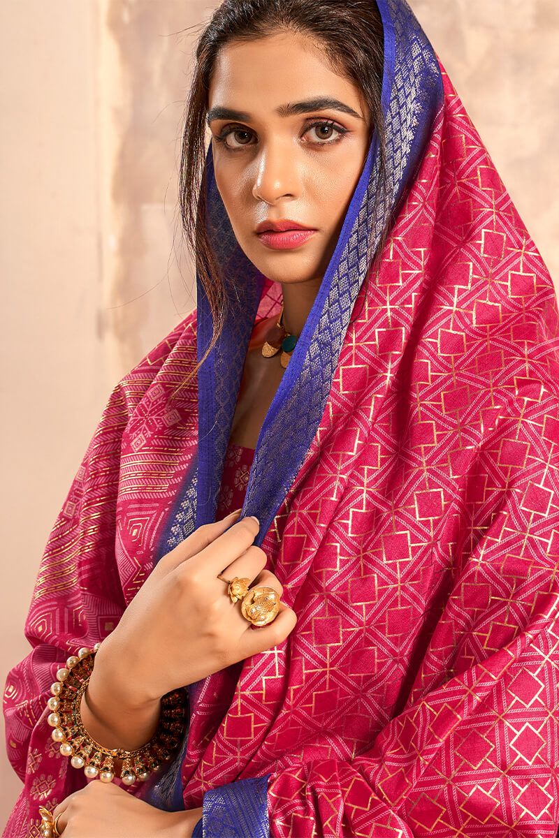 Celo Hot Pink Soft Dola Silk Foil Print With Jacquard Border Saree