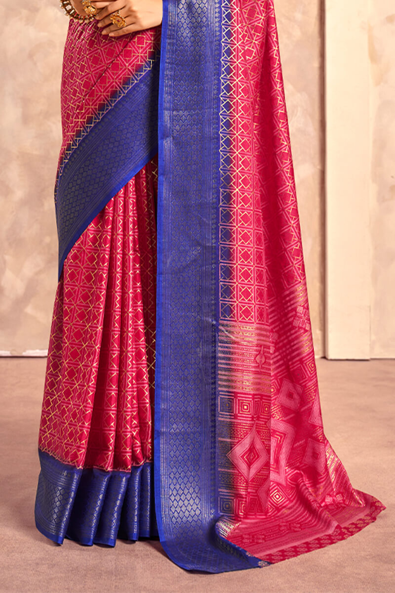 Celo Hot Pink Soft Dola Silk Foil Print With Jacquard Border Saree