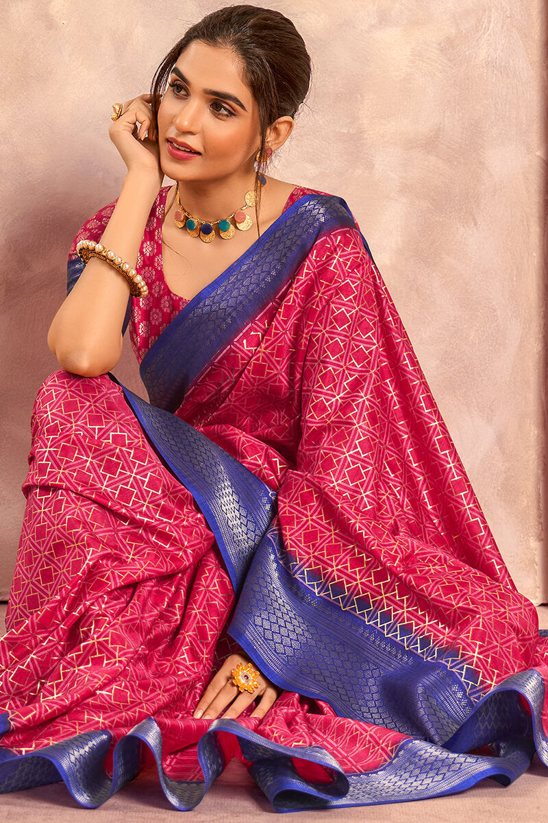 Celo Hot Pink Soft Dola Silk Foil Print With Jacquard Border Saree