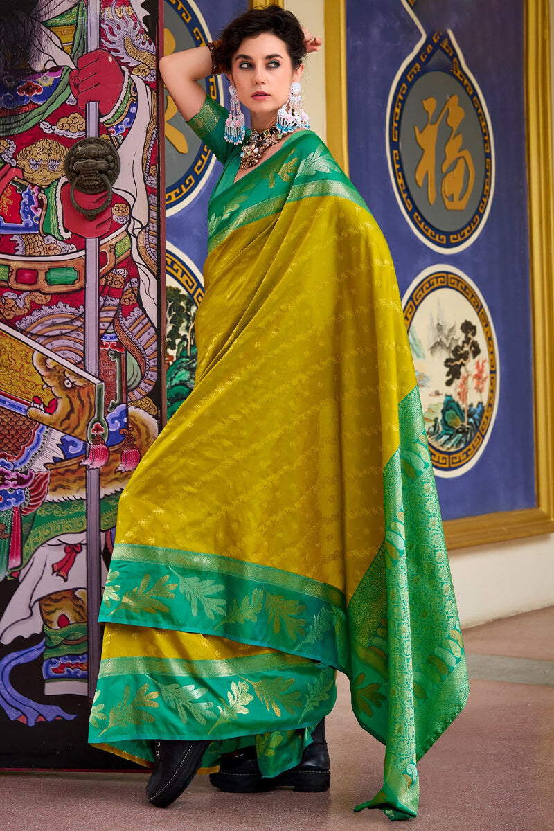 Leaf Curry Yellow Pure Banarasi Soft Silk Woven Saree
