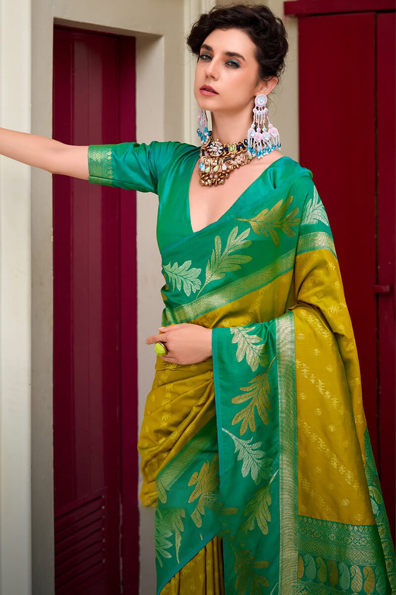 Leaf Curry Yellow Pure Banarasi Soft Silk Woven Saree