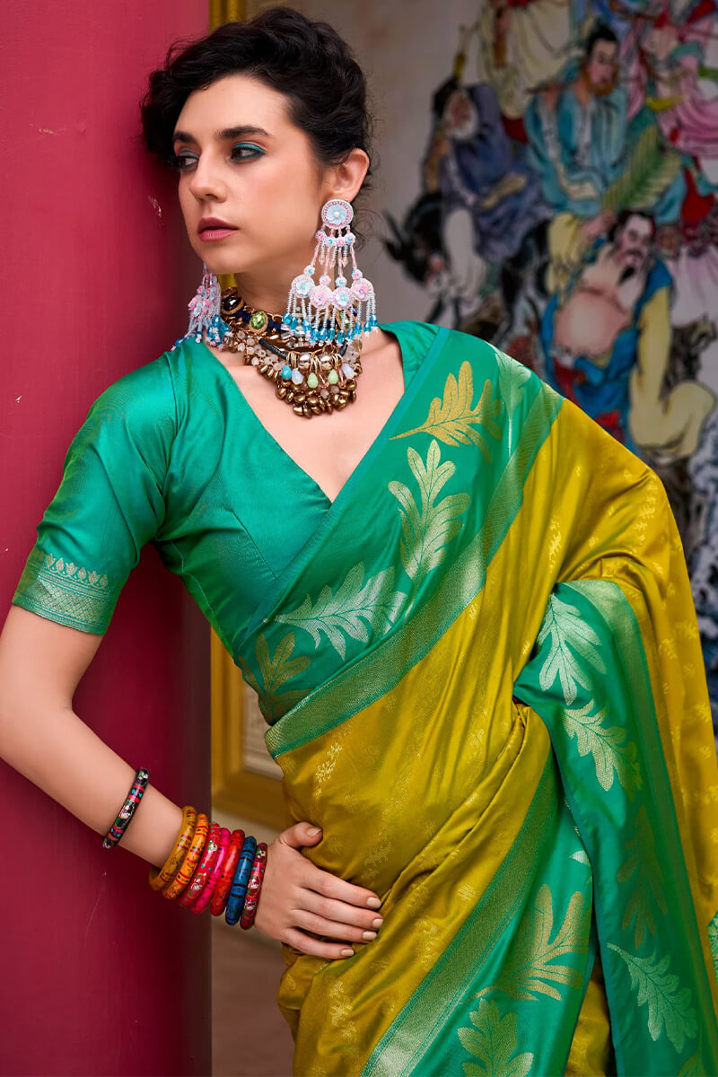 Leaf Curry Yellow Pure Banarasi Soft Silk Woven Saree