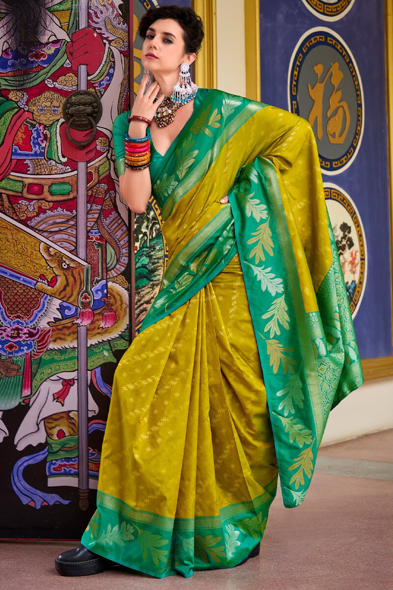 Leaf Curry Yellow Pure Banarasi Soft Silk Woven Saree