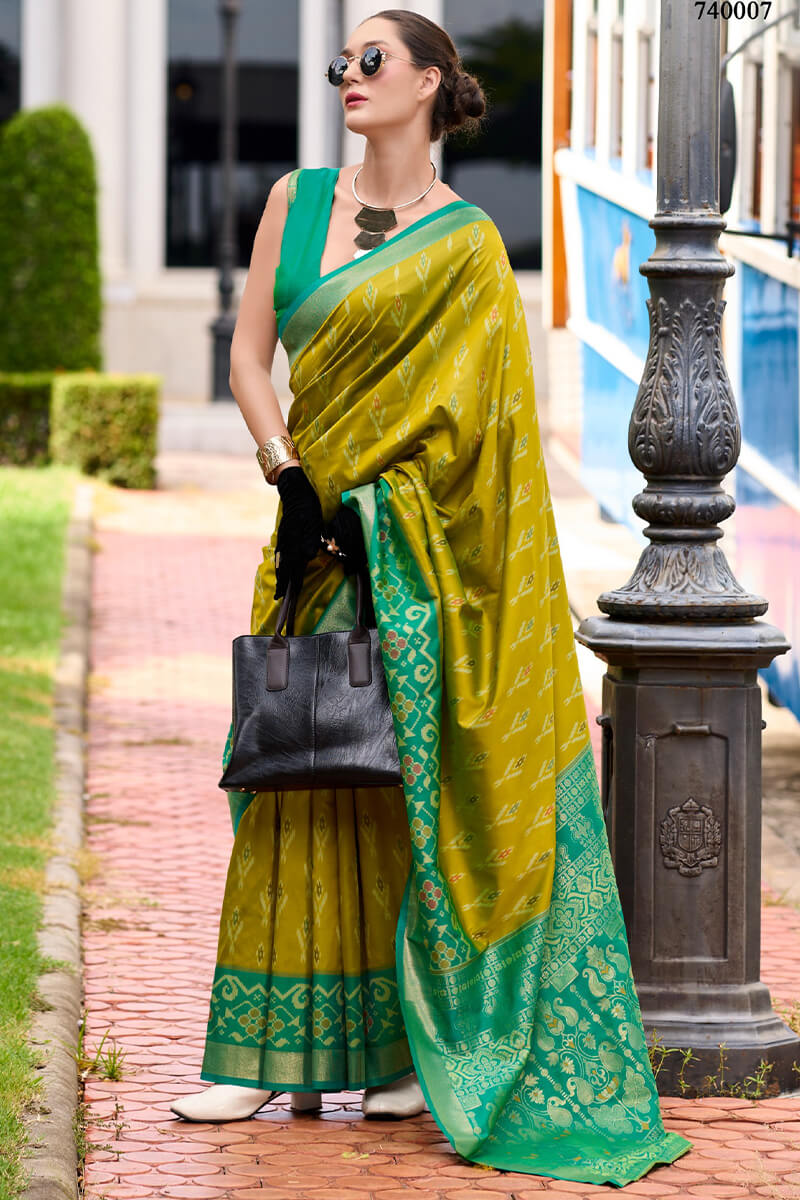 Pyramid Mustard Banarasi Soft Silk Ikkat Border Saree