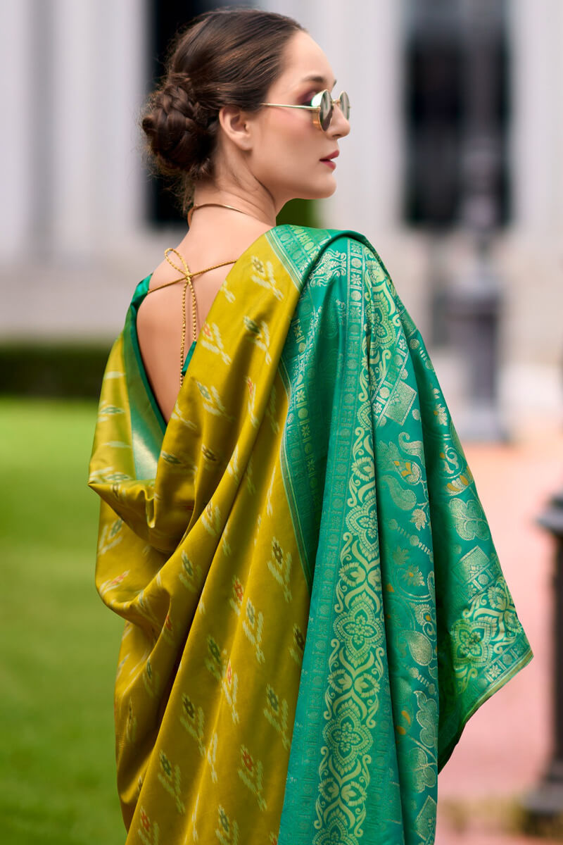 Pyramid Mustard Banarasi Soft Silk Ikkat Border Saree
