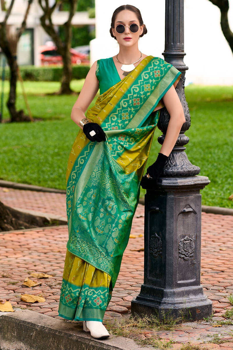 Pyramid Mustard Banarasi Soft Silk Ikkat Border Saree