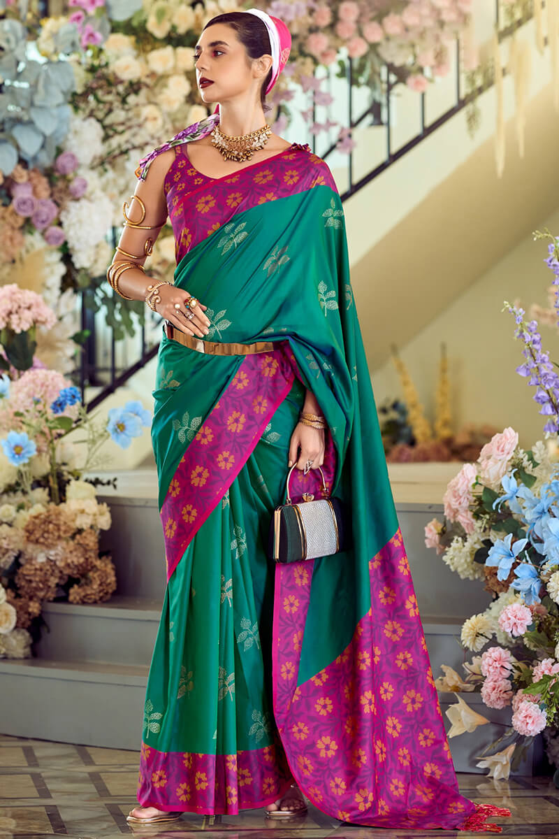 Martin Teal Green Soft Silk Floral Printed With Ikkat Border Saree