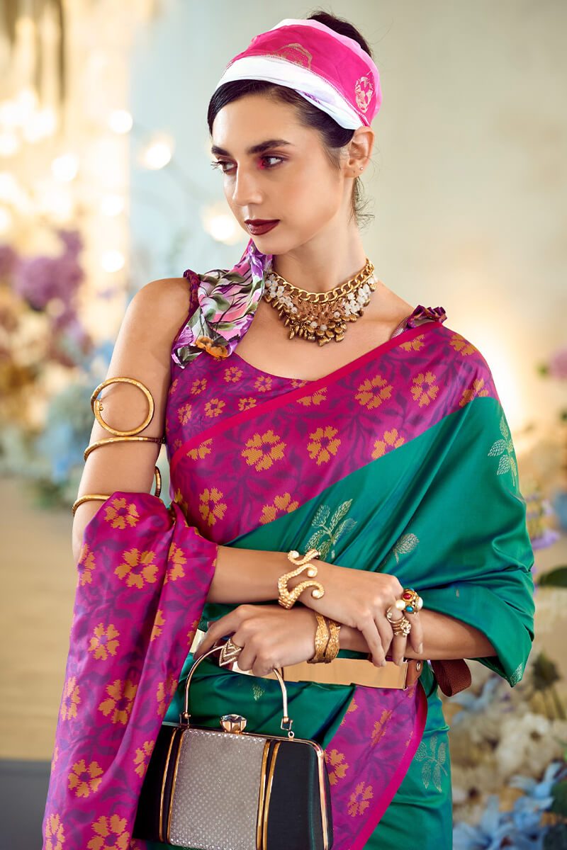 Martin Teal Green Soft Silk Floral Printed With Ikkat Border Saree