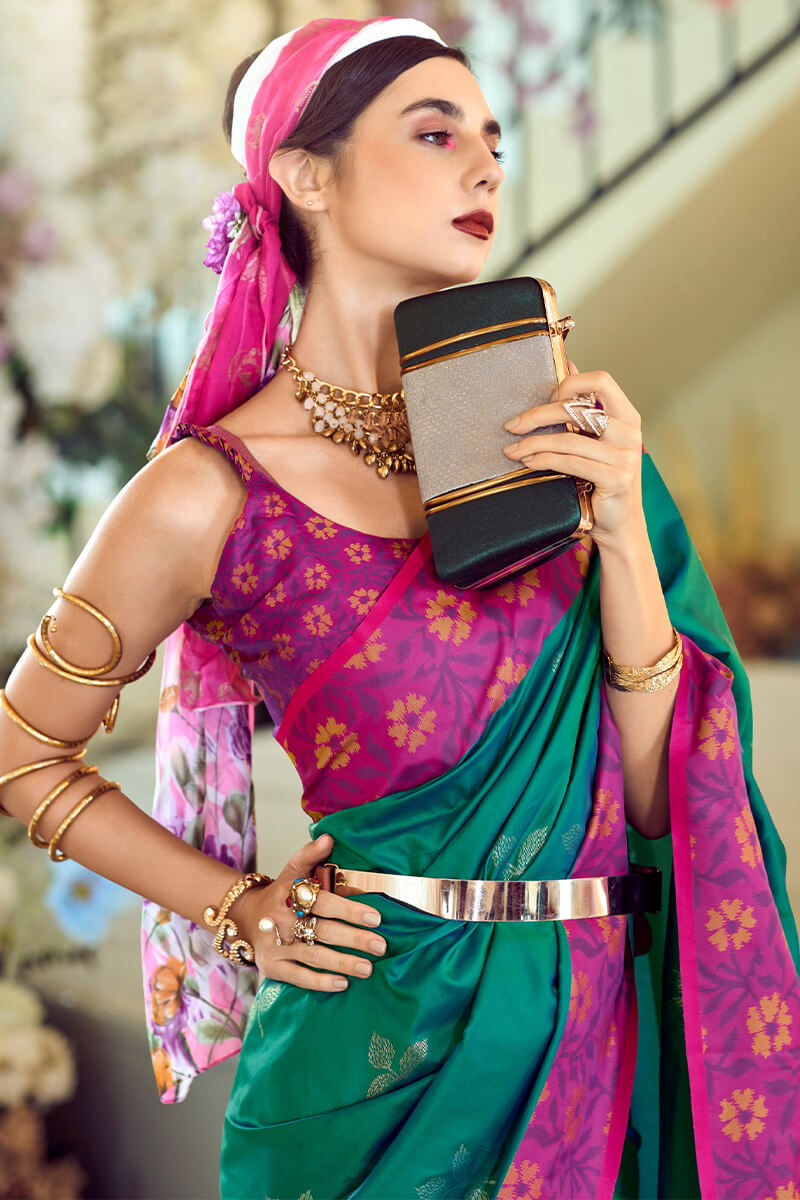 Martin Teal Green Soft Silk Floral Printed With Ikkat Border Saree
