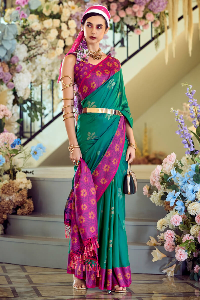 Martin Teal Green Soft Silk Floral Printed With Ikkat Border Saree