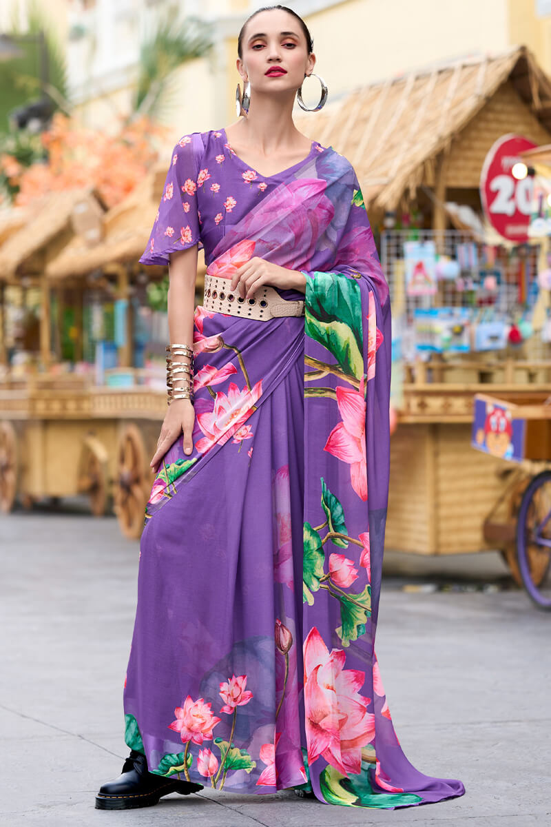 Sakira Lavender Pure Georgette Printed Saree