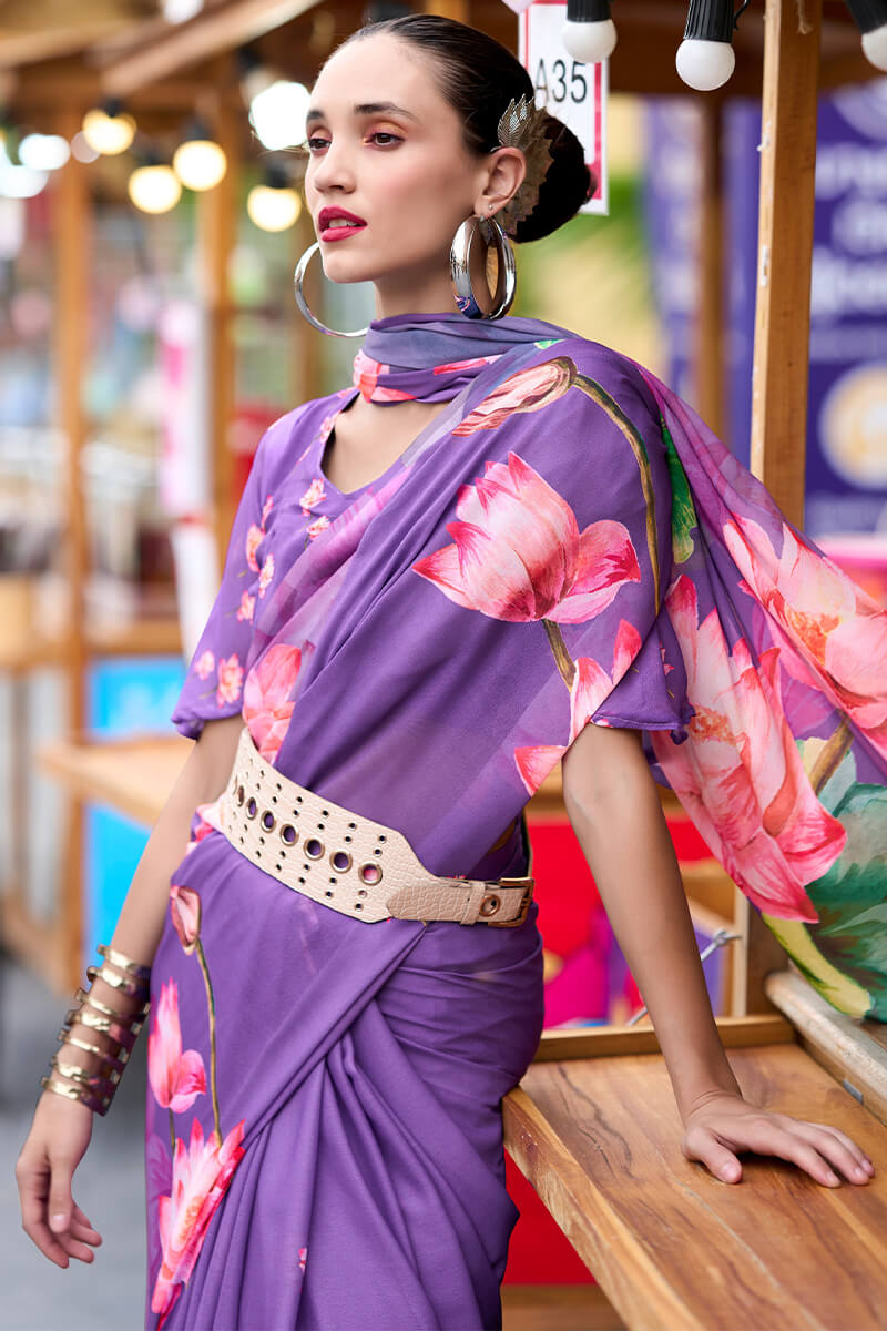 Sakira Lavender Pure Georgette Printed Saree
