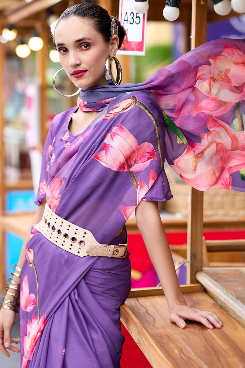 Sakira Lavender Pure Georgette Printed Saree