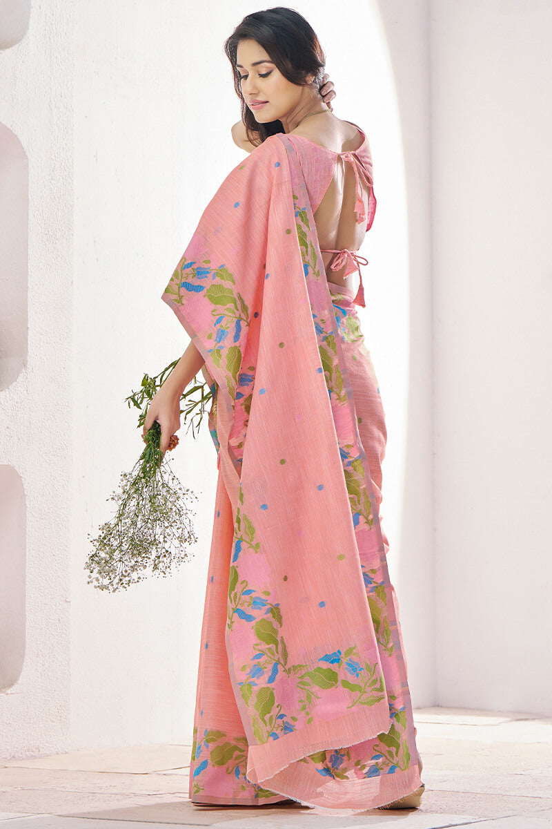 Gulabi Orange Pure Soft Linen Silk Printed Saree