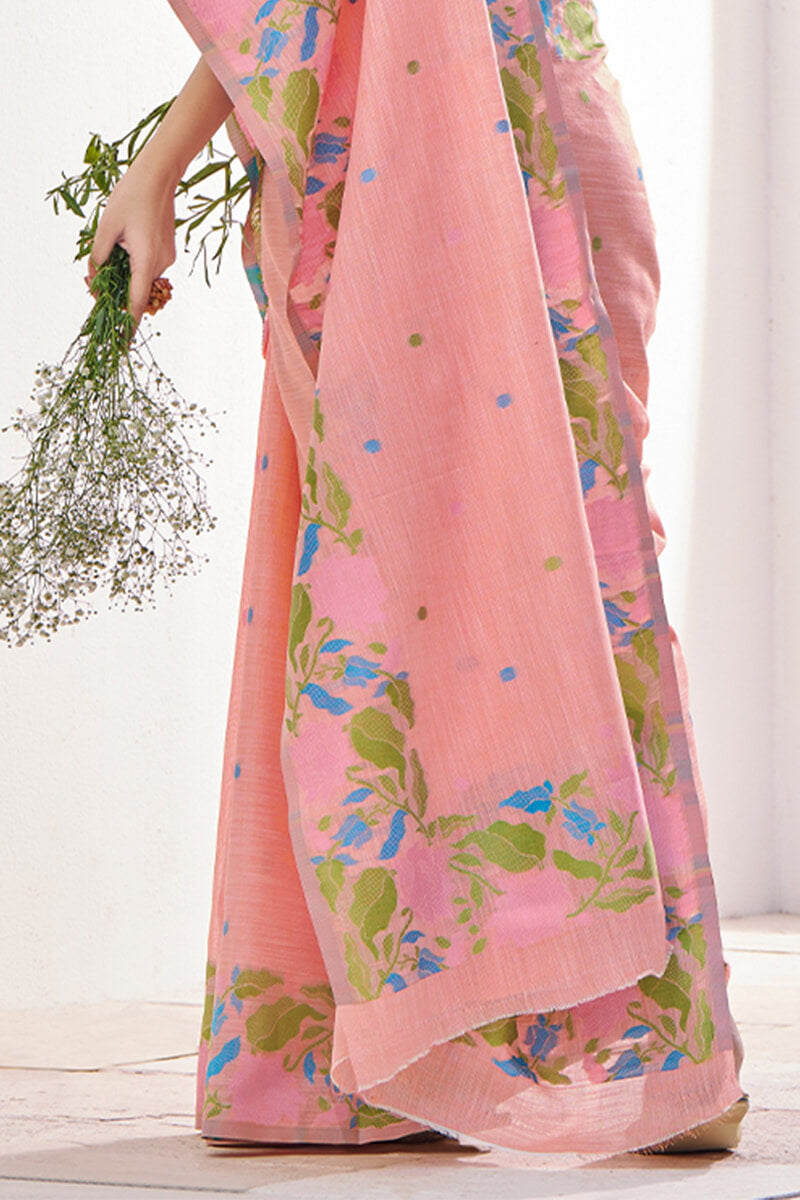 Gulabi Orange Pure Soft Linen Silk Printed Saree