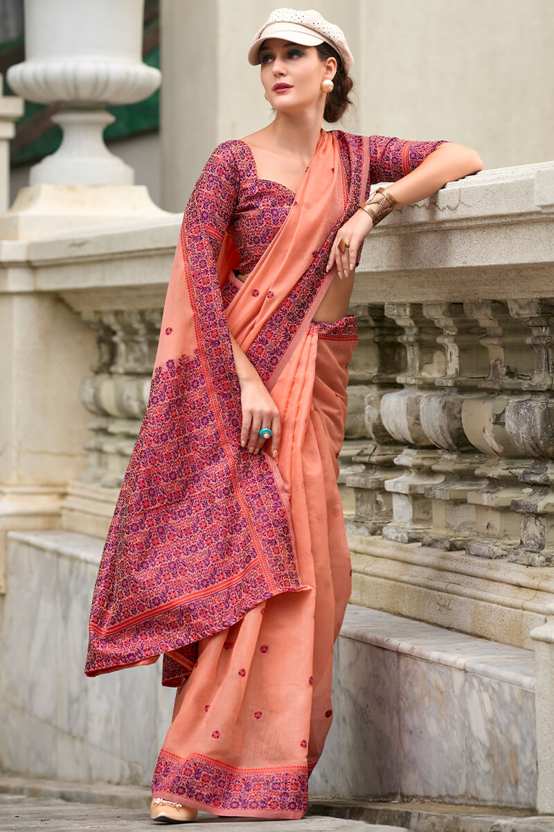 Prajanya Peach Pure Linen Silk Woven Saree