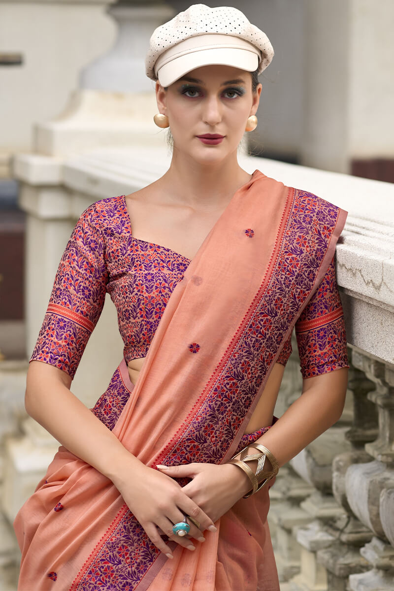 Prajanya Peach Pure Linen Silk Woven Saree