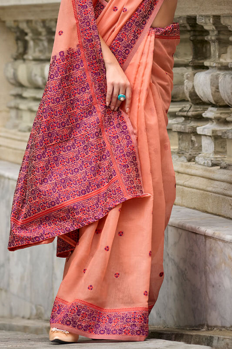 Prajanya Peach Pure Linen Silk Woven Saree