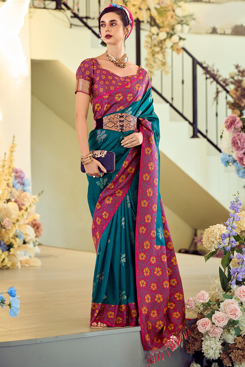 Martin Sea Blue Soft Silk Floral Printed With Ikkat Border Saree