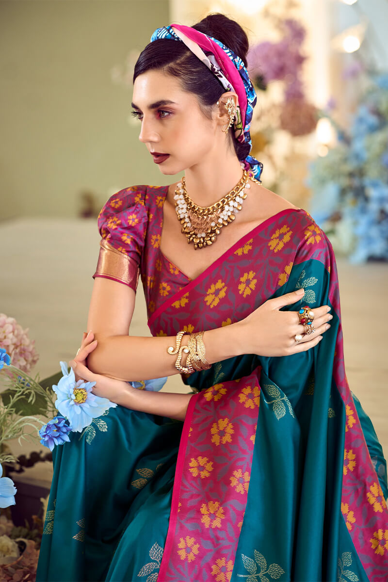 Martin Sea Blue Soft Silk Floral Printed With Ikkat Border Saree