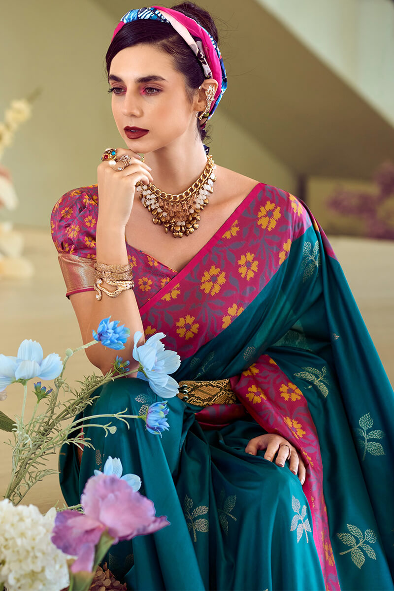Martin Sea Blue Soft Silk Floral Printed With Ikkat Border Saree