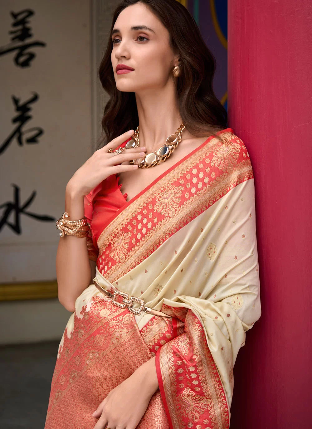 Samruddhi Cream Tissue Banarasi Silk Zari Weaving Saree
