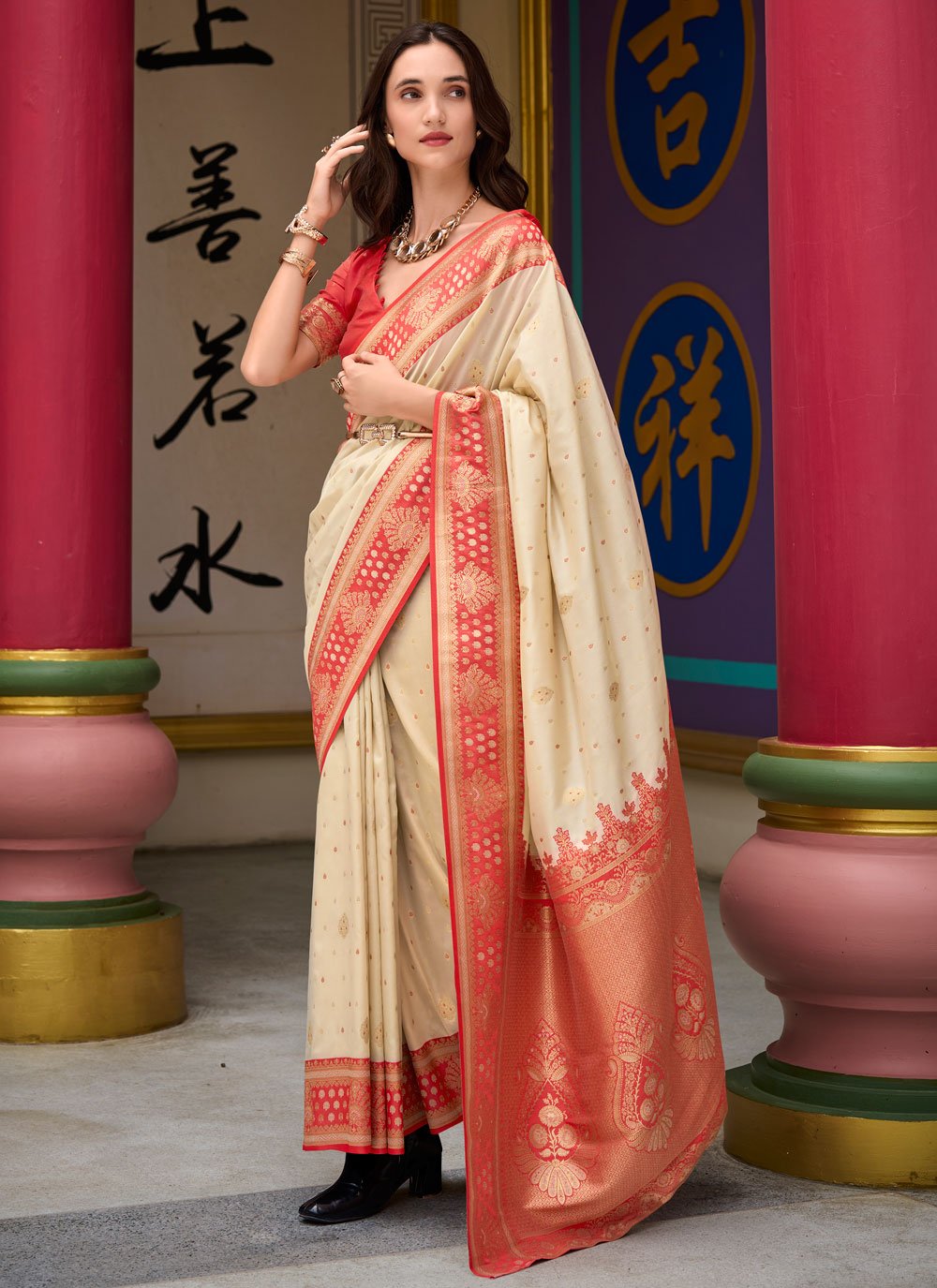 Samruddhi Cream Tissue Banarasi Silk Zari Weaving Saree