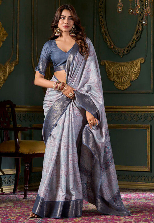 Ice Cream Blue Foil Soft Silk Printed Saree