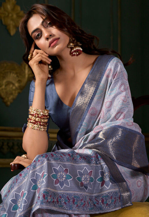 Ice Cream Blue Foil Soft Silk Printed Saree