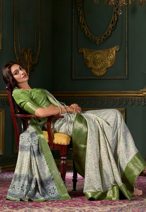 Ice Cream Green Foil Soft Silk Printed Saree