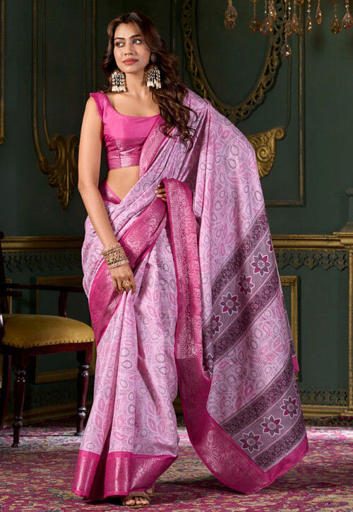 Ice Cream Pink Foil Soft Silk Printed Saree