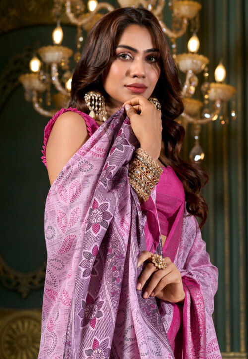 Ice Cream Pink Foil Soft Silk Printed Saree