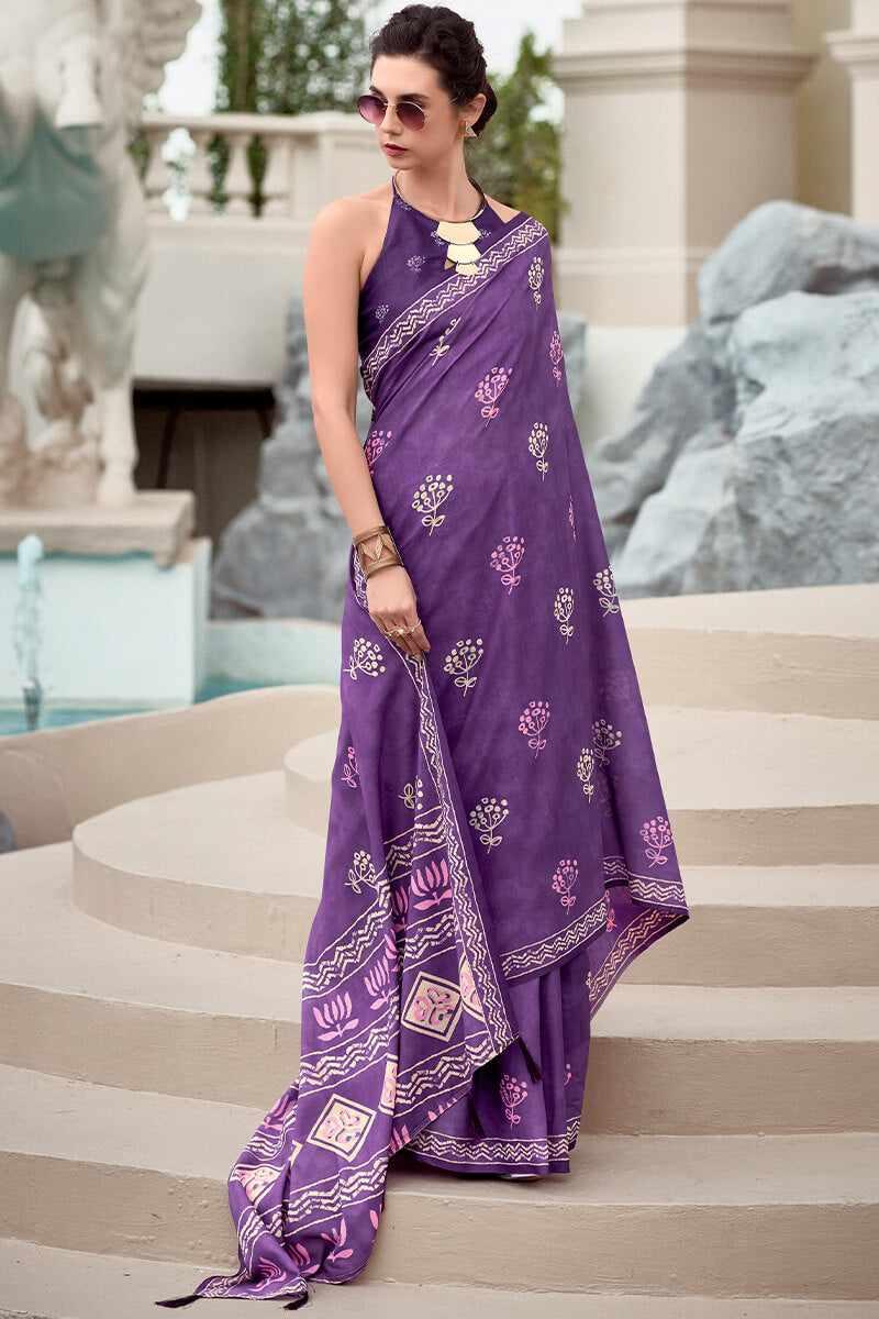 Resham Dusty Purple Pure Mal cotton Printed Saree