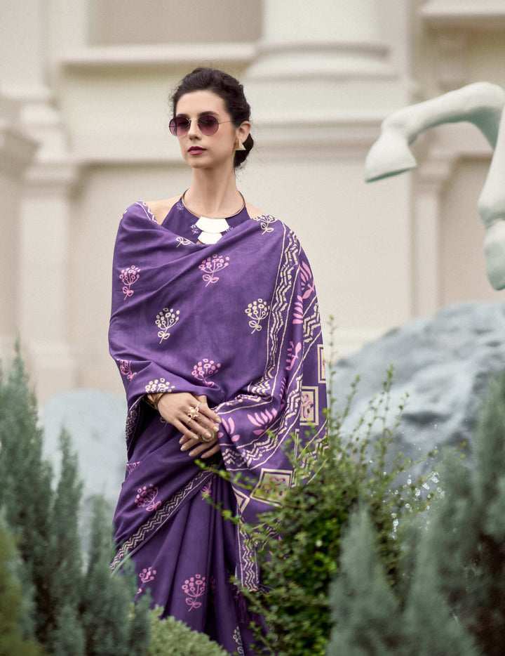 Resham Dusty Purple Pure Mal cotton Printed Saree