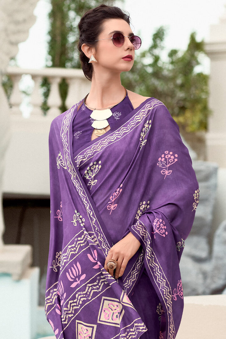 Resham Dusty Purple Pure Mal cotton Printed Saree
