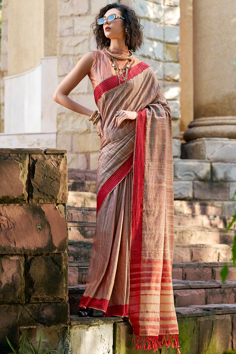 Redbull Ash Brown Pure Fancy Katan Handmade Saree