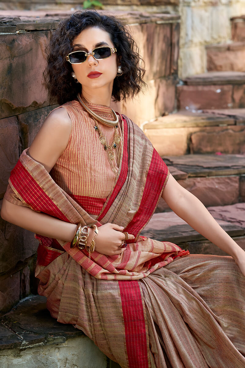 Redbull Ash Brown Pure Fancy Katan Handmade Saree