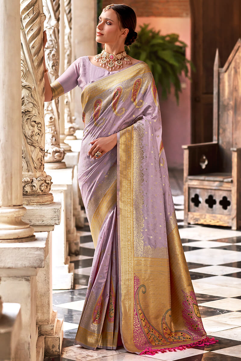 Pihu Dusty Lavender Banarasi Soft Silk Weaving Saree
