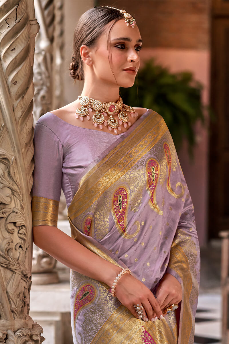 Pihu Dusty Lavender Banarasi Soft Silk Weaving Saree