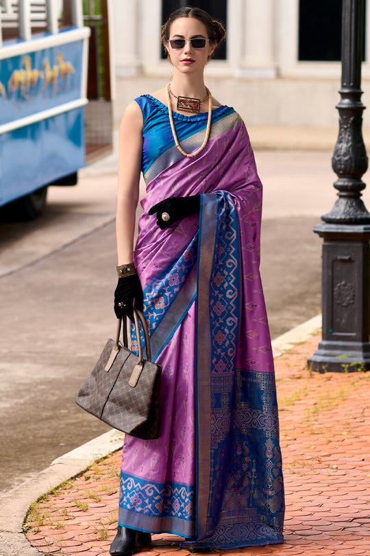 Pyramid Lavender Banarasi Soft Silk Ikkat Border Saree