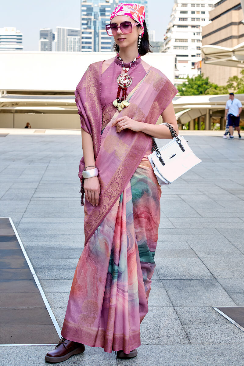 Pichwai Lavender Taupe Modal Silk Digital Print Zari Weaving Saree